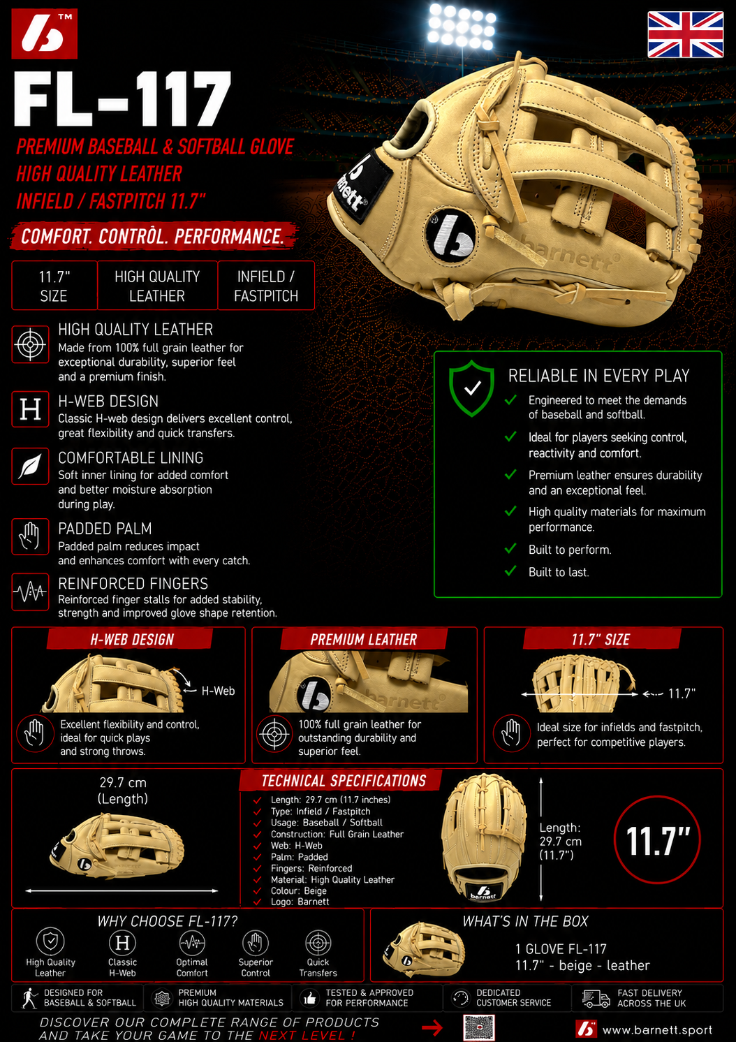 FL-117 Hochwertiger Leder-Baseball- und Softballhandschuh, Infield/Fastpitch, 11,7 Zoll, Beige