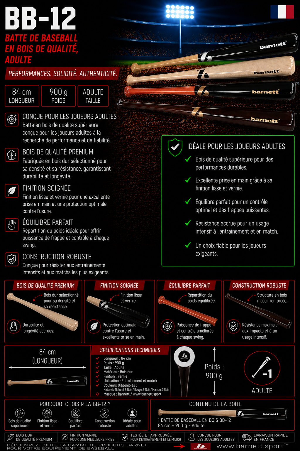 BB-12 Wysokiej jakości drewniany kij baseballowy dla dorosłych