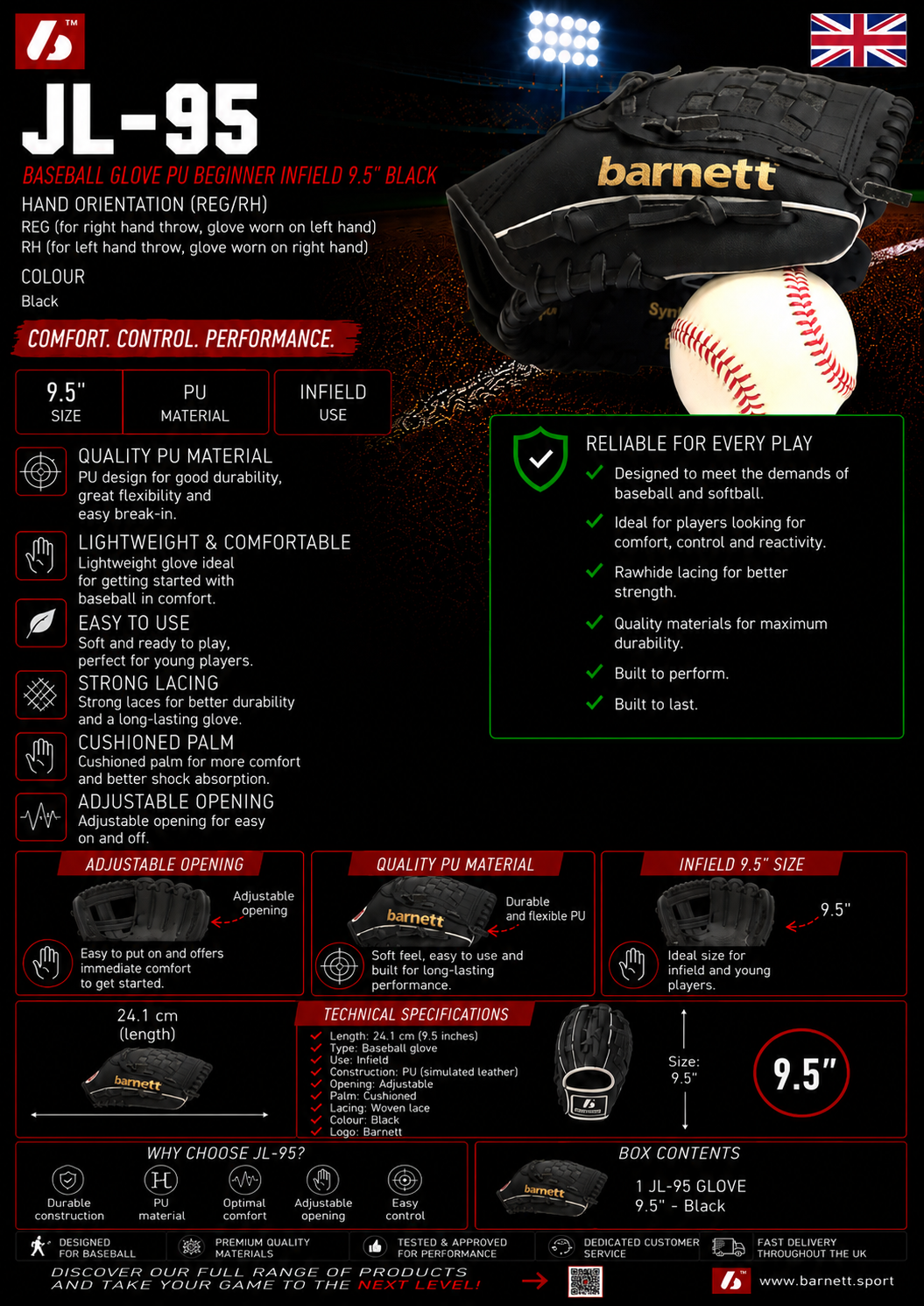 Guanto da baseball per principianti JL-95 PU Infield 9,5" Nero