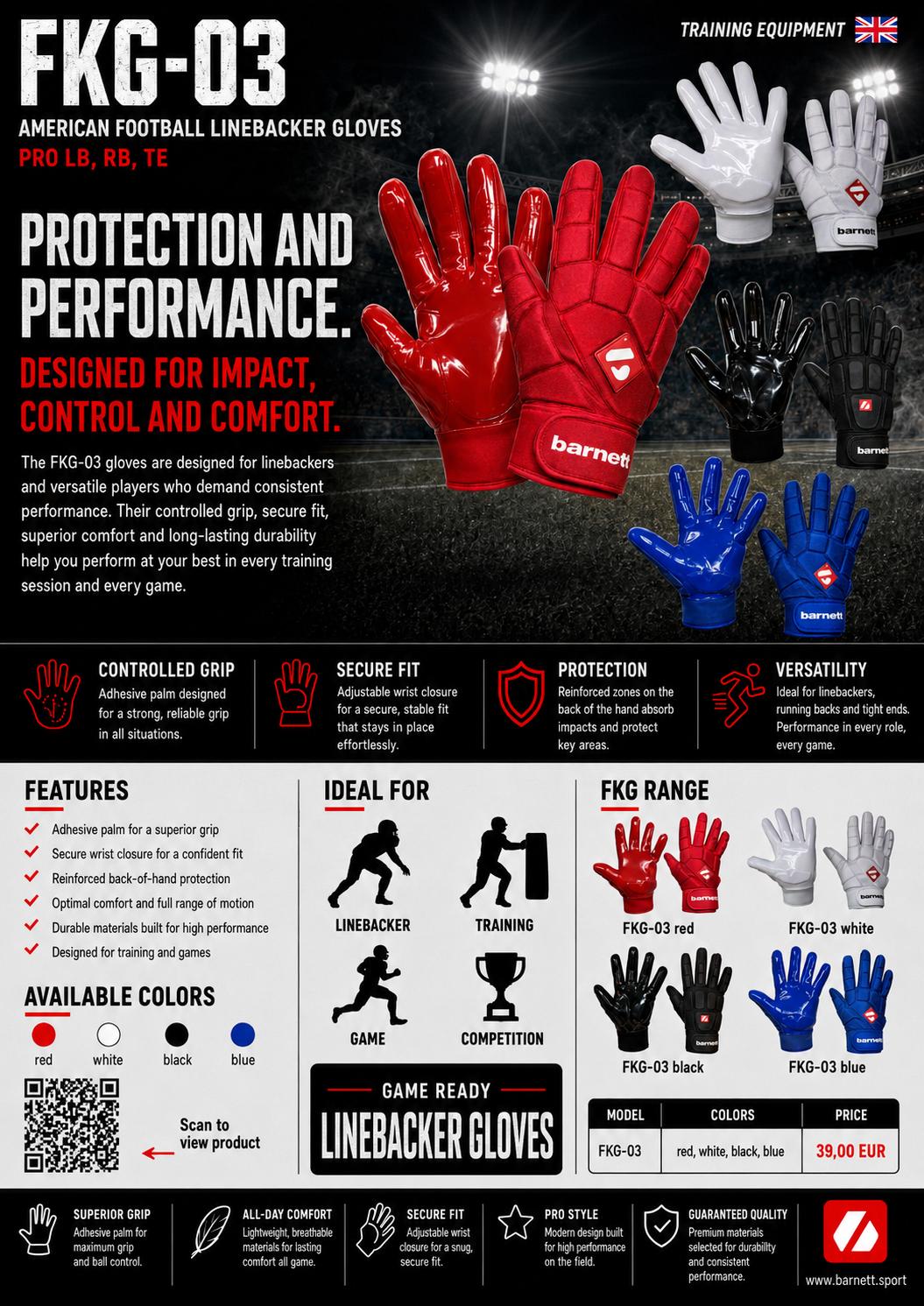 FKG-03 gants de football américain de linebacker pro, LB,RB,TE Bleu