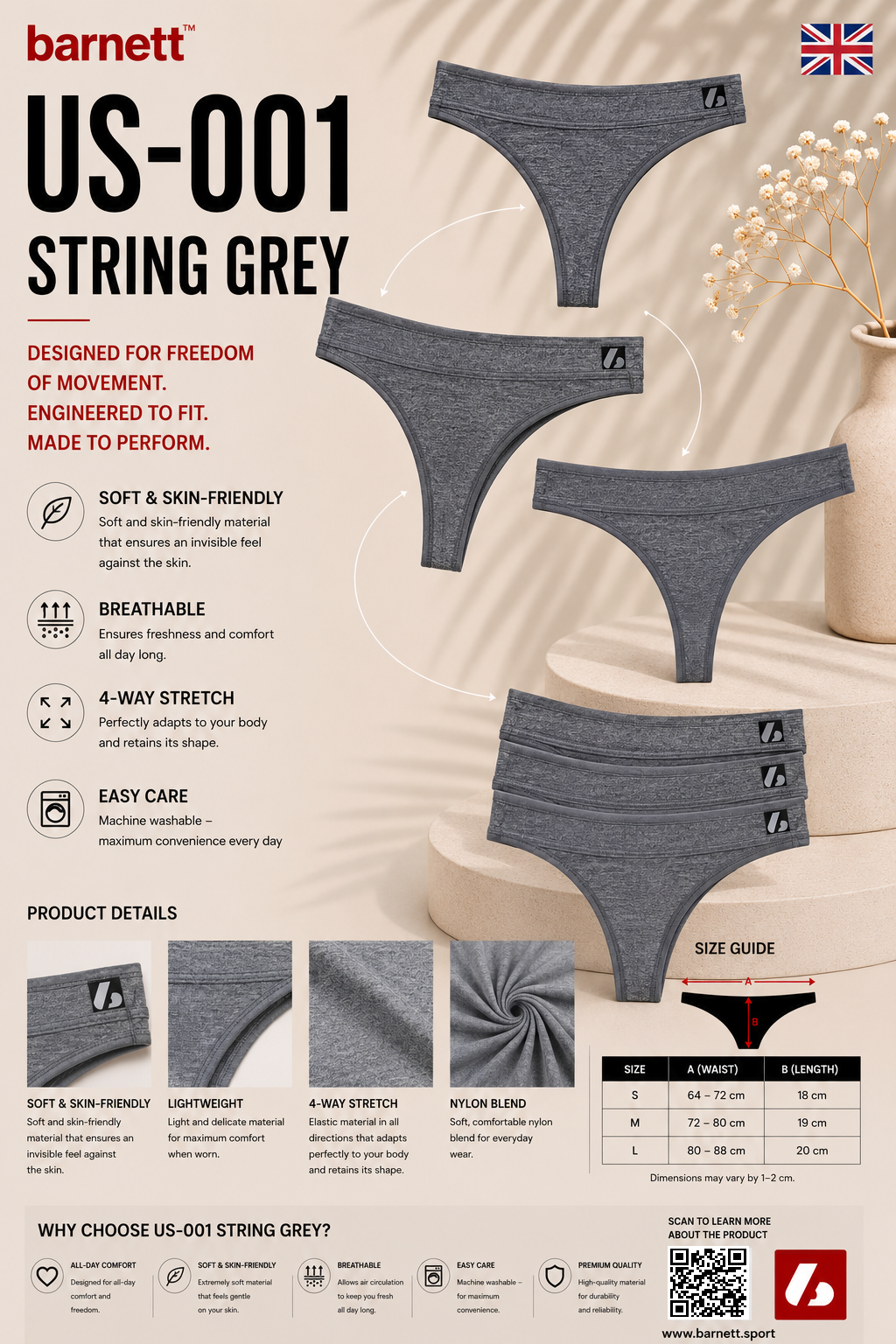 US-001 Grått snöre (3-pack)