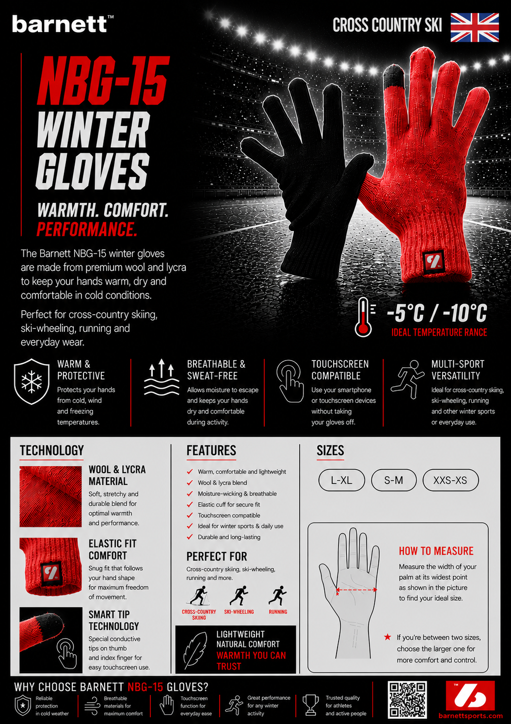 NBG-15 gants d'hiver en laine - ski de fond- running -5° /-10°
