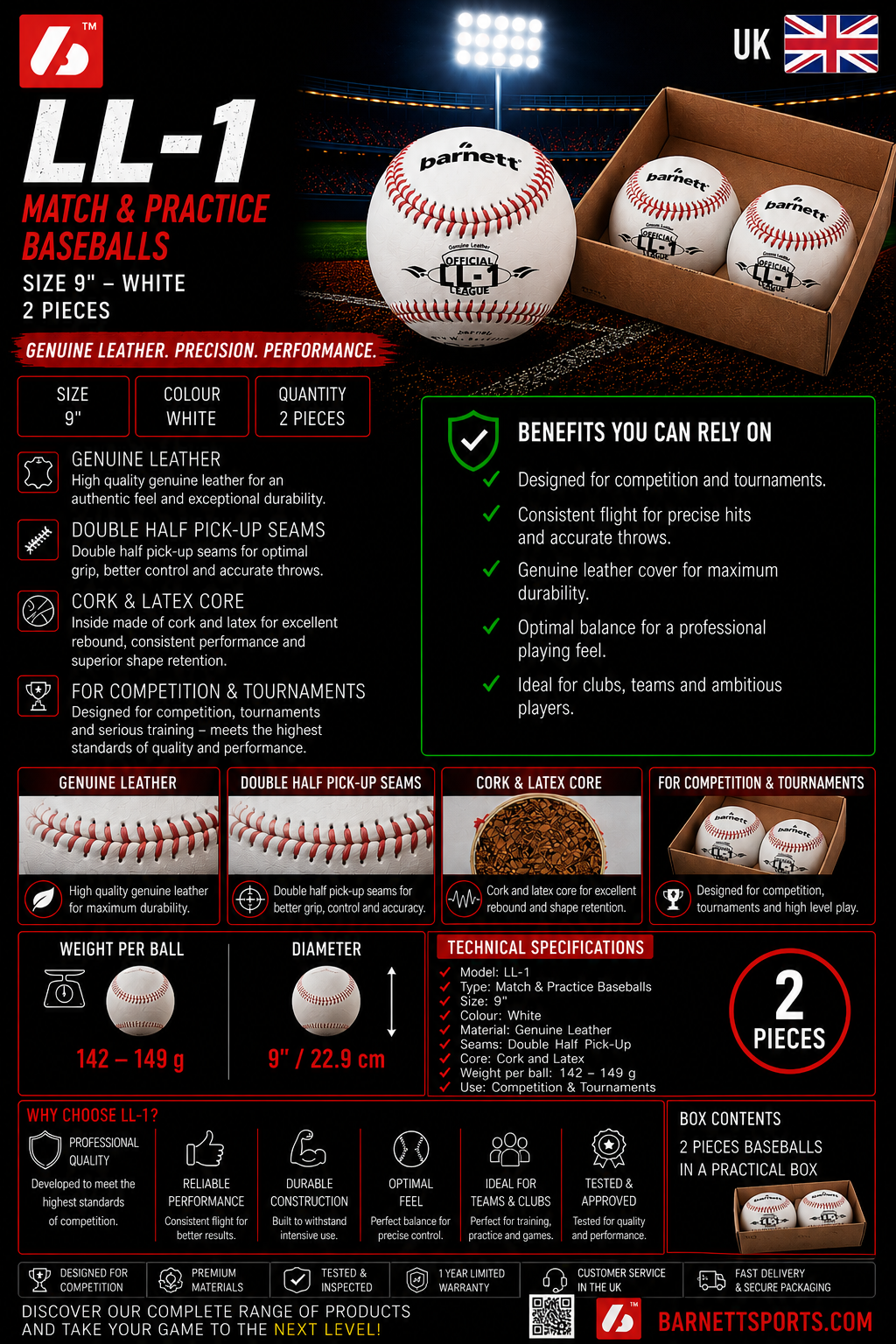 Pallone da baseball LL-1 Match "Elite", misura 9", bianco, 1 dozzina