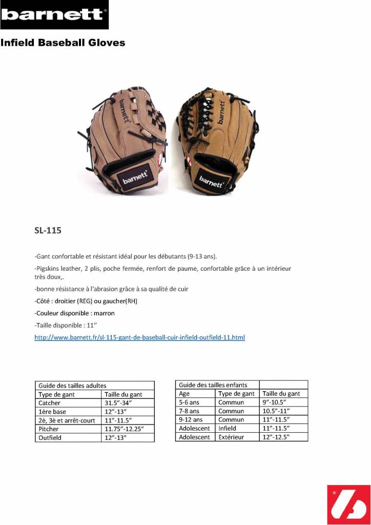 Guante de béisbol de cuero SL-115 para infield/outfield, 11.5", marrón