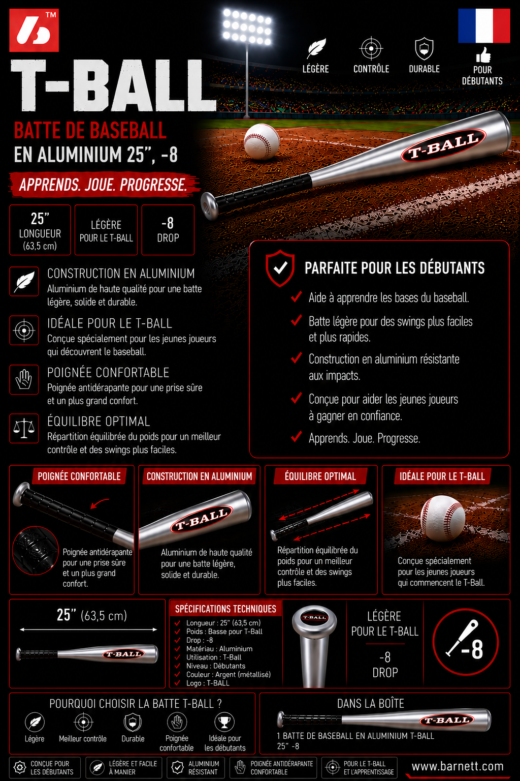 T-BALL aluminijasta baseball palica, 25", kovinsko siva -8