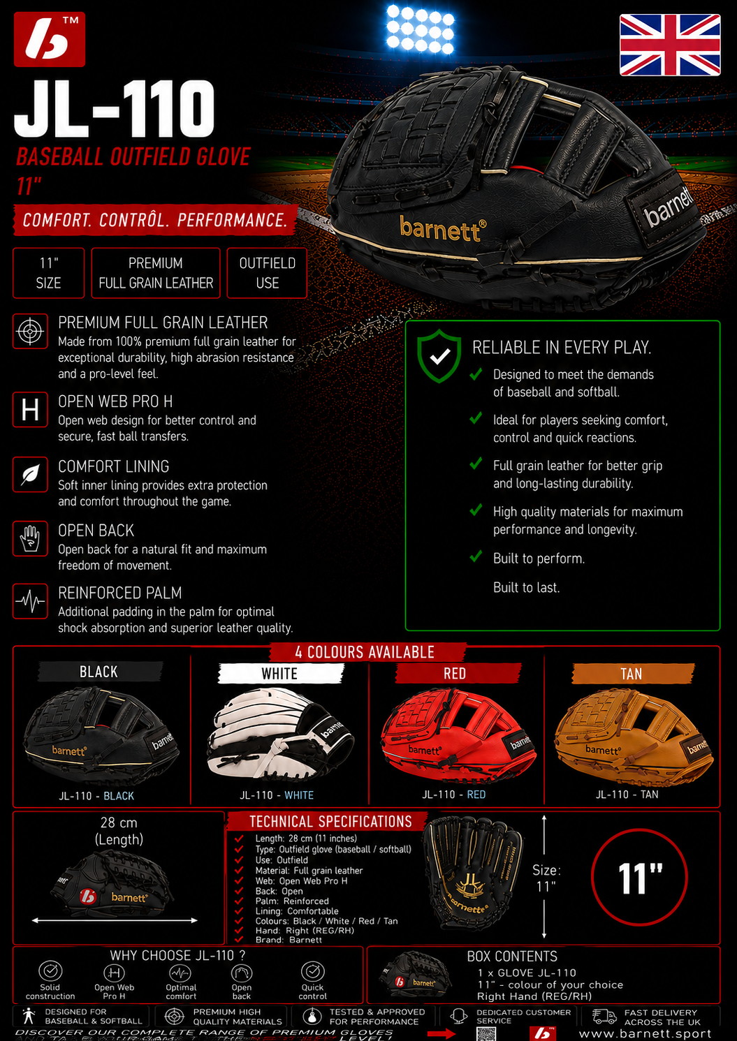 JL-110 gant de baseball Initiation PU Infield 11" Noir