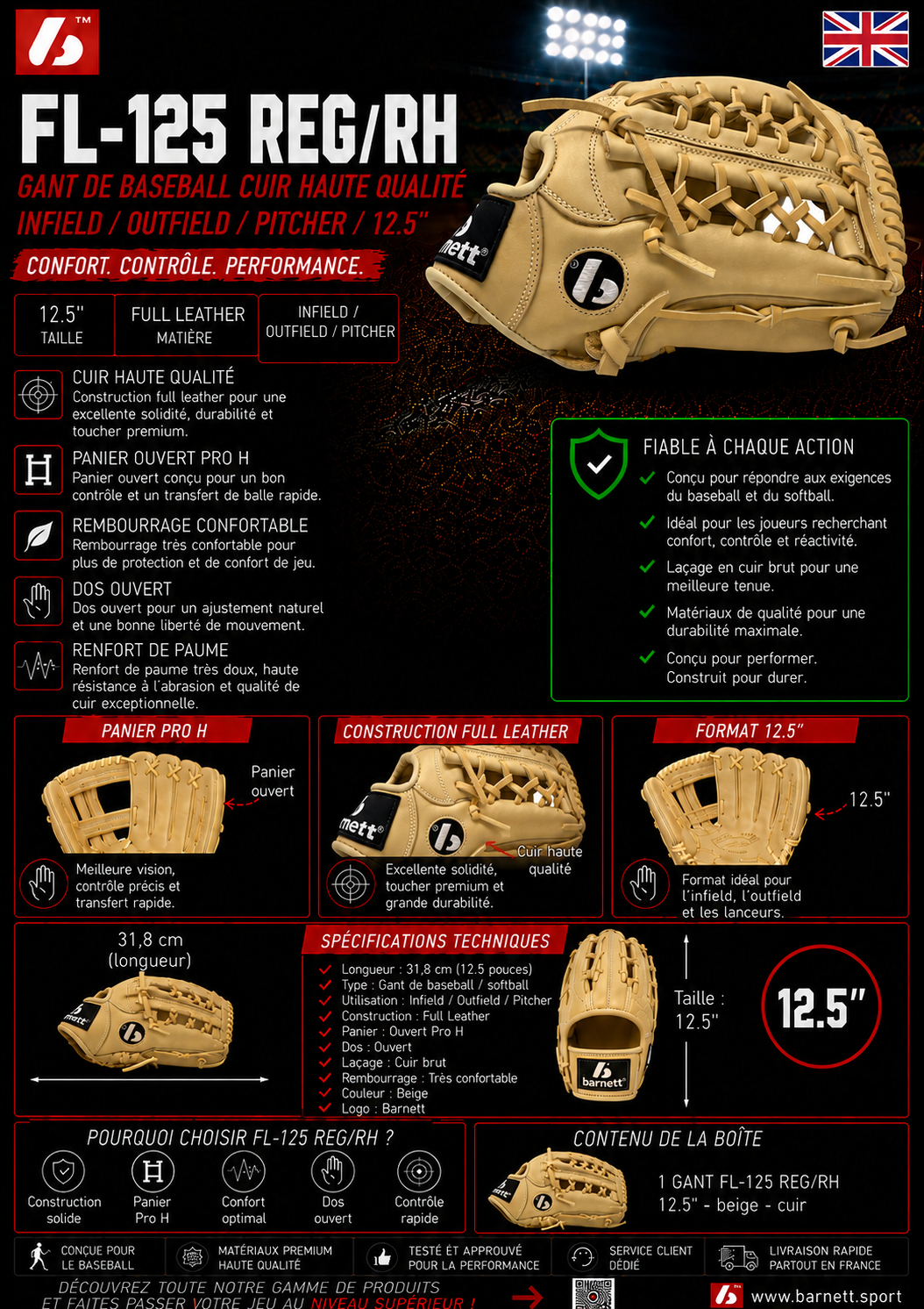 FL-125 Högkvalitativ läderbasebollhandske för infield/outfield/pitcher, 12,5" beige