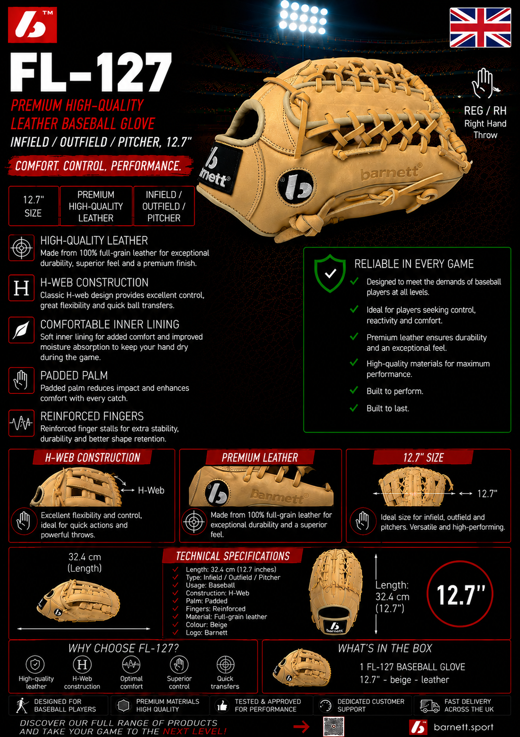 Guante de béisbol FL-127 de cuero de alta calidad para infield, outfield y pitcher, 12.7", color beige