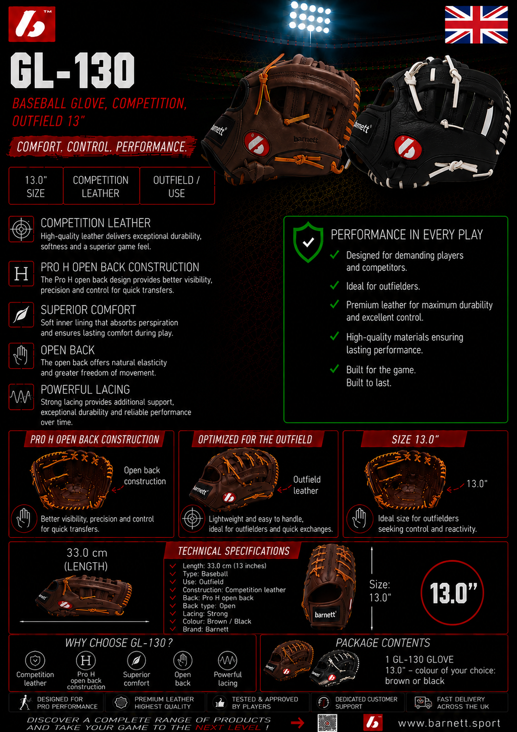 Guante de béisbol GL-130, competición, para exteriores, 13", color negro
