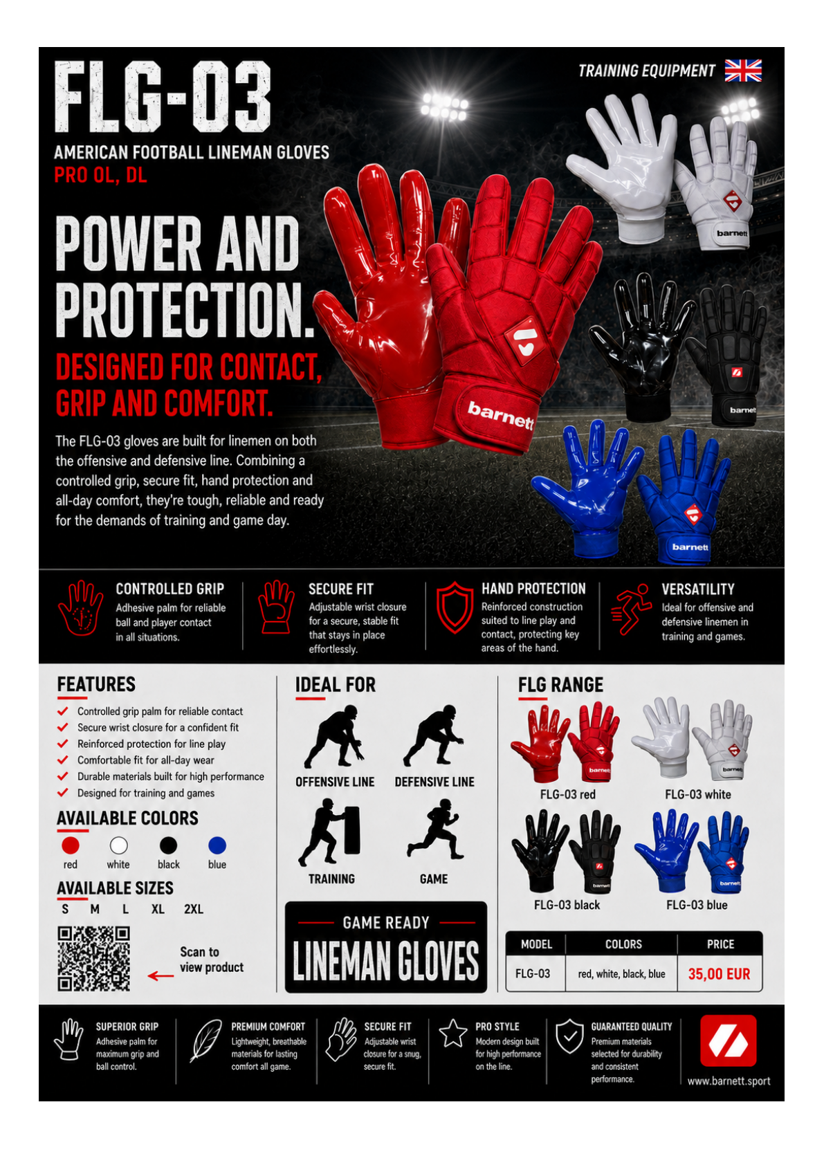 FLG-03 gants de football américain de linemen pro, OL,DL, Blanc