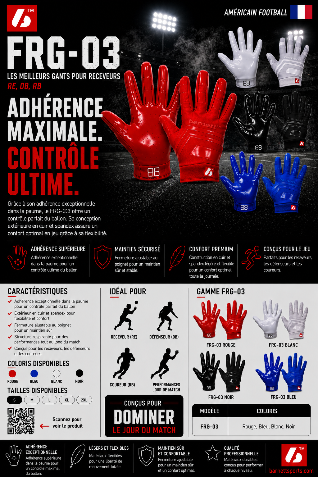 FRG-03 gants de football américain de pro receveur, RE,DB ,RB, Rouge