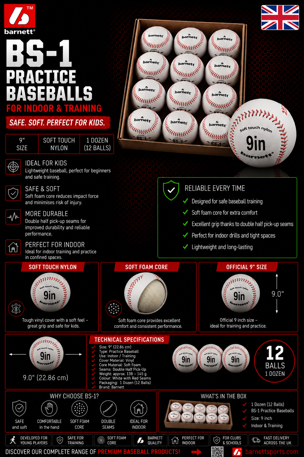 Palline da baseball da allenamento BS-1 da 9", bianche, 1 dozzina